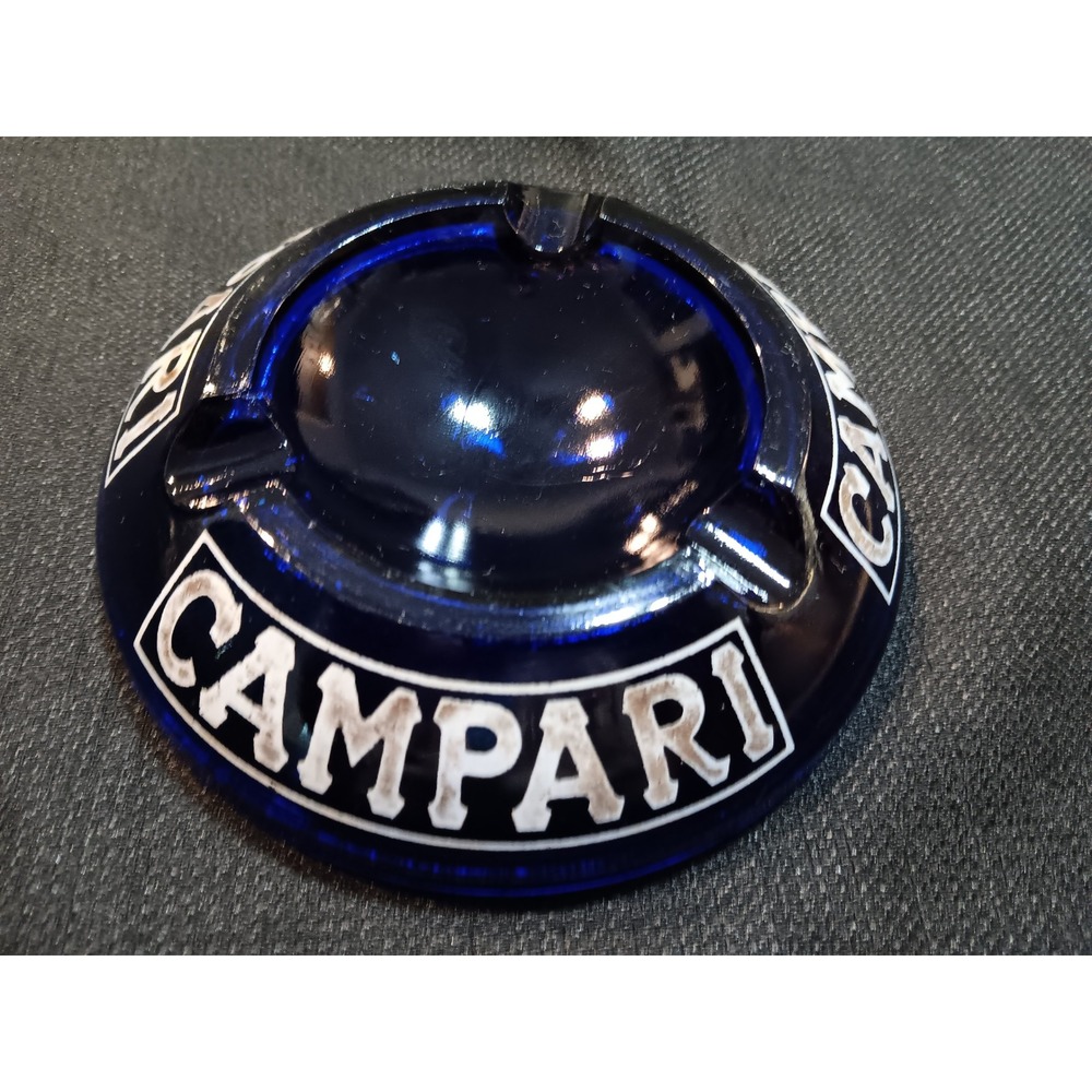 Vintage Campari Cobalt Blue Glass Ashtray Round Barware 5.25 Inch 3 Notch Logo
